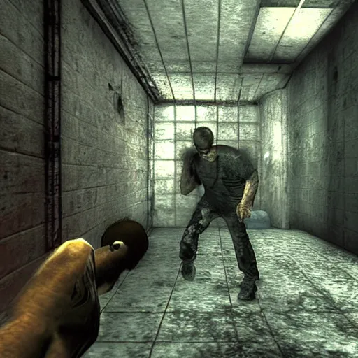 Prompt: screenshot from old playstation game, third person, horror, mohawk punk, silent hill