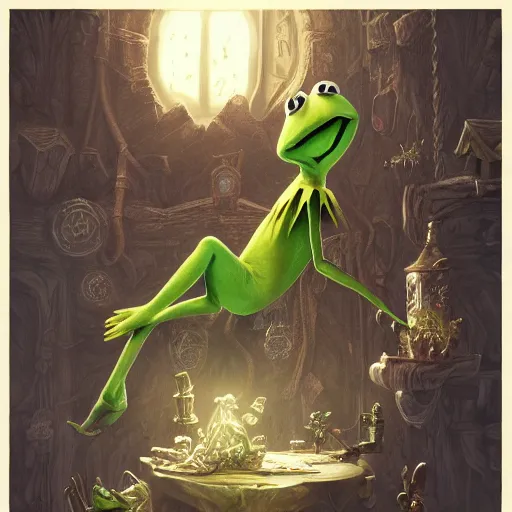 Prompt: kermit the frog as a wizard of death, d & d, fantasy, intricate, elegant, highly detailed, digital painting, artstation, concept art, matte, sharp focus, illustration, hearthstone, art by artgerm and greg rutkowski and alphonse mucha