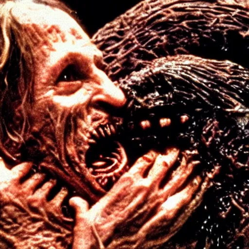 Image similar to a demonic vile disturbing disgusting horror visceral creature eating a human, from the thing, david cronenberg