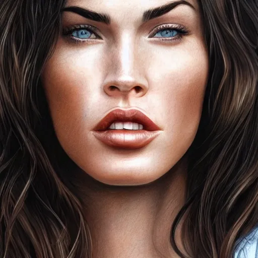 Prompt: megan fox closeup of face. licking lips. hyperrealistic portrait, photo realistic, poster, artstation, volumetric lighting, digital art, very detailed face by magali villeneuve