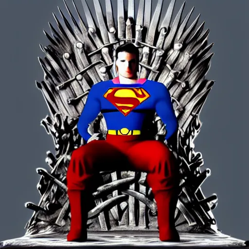 Image similar to superman sitting on the iron throne. artstation