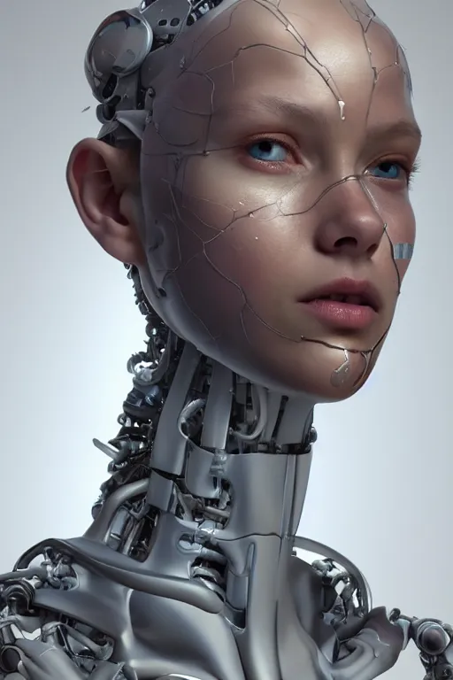 Prompt: beautiful portrait of a teen robot, dystopian, biopunk, skin details, digital painting, sculpted in zbrush, artstation, concept art, smooth, sharp focus, illustration, chiaroscuro, soft lighting, golden ratio, rule of thirds, fibonacci, art by Audubon, incredible art by Stanley Artgerm Lau and Greg Rutkowski, composition by mike mignola and Simon Stalenhag,