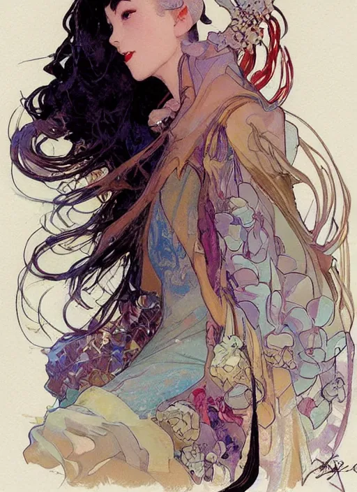 Prompt: an art nouveau copic maker sketch of a girl wearing kikyo's clothes designed by balenciaga by john berkey by stanley artgerm lau, greg rutkowski, thomas kinkade, alphonse mucha, loish, norman rockwell