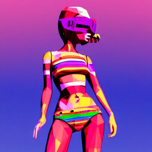 Prompt: fullbody vaporwave art of a fashionable zombie girl at a beach, early 9 0 s cg, 3 d render, 8 0 s outrun, low poly, from hotline miami, album art