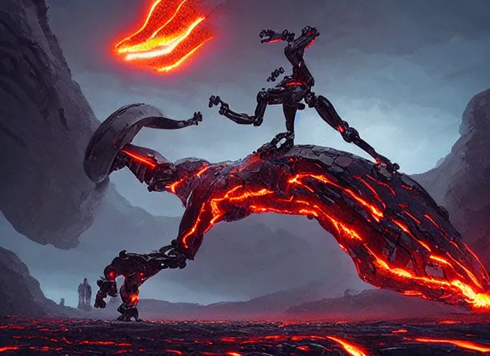 Image similar to epicly designed very muscular stone obsidian robot with human body fighting a deadly beast made from lava with background by greg rutkowski