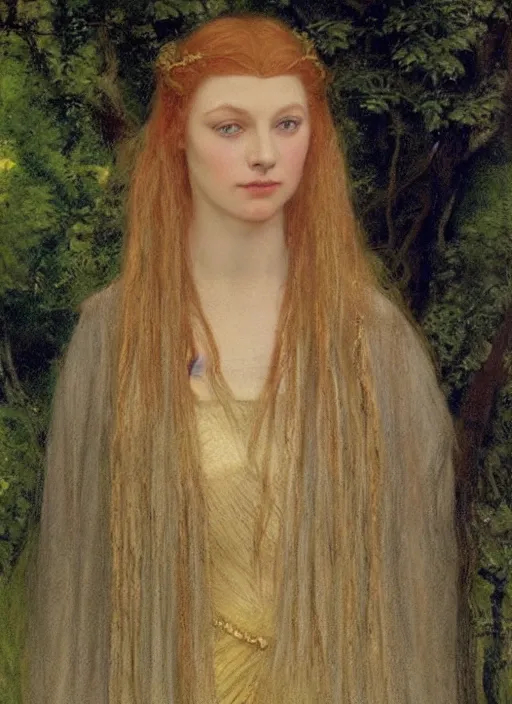 Image similar to a portrait of galadriel in lothlorien, by thomas cooper gotch and simeon solomon