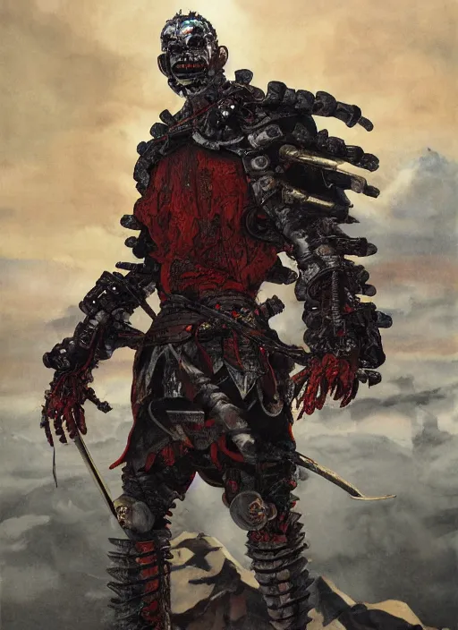 Image similar to portrait of a diabolical cyborg clown samurai, torn cape, adaptive armor, dynamic pose, heavy eyes to the side, ancient ruins, glowing veins subsurface scattering, in clouds, sunset, portrait, by gerald brom, by mikhail vrubel, by peter elson, muted colors, extreme detail, reflections, trending on artstation, 8 k