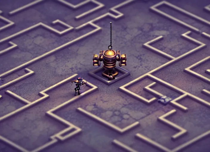 Prompt: a single small steampunk robot in a maze with tall walls by greg rutkowski and andreas rocha, tilt shift, ultra realistic, unreal engine, trending on artstation, 4 k