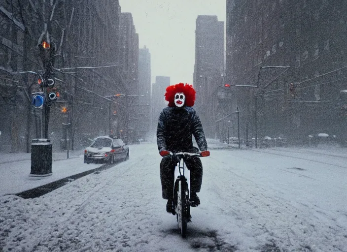 Prompt: A very high resolution image from a new movie, a clown riding a bike in a blizzard in New York City, Polaroid, directed by Steven Spielberg