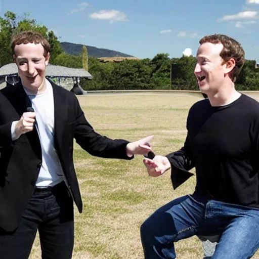 Image similar to mark Zuckerberg sword fighting with Elon musk in robotic samurai armor