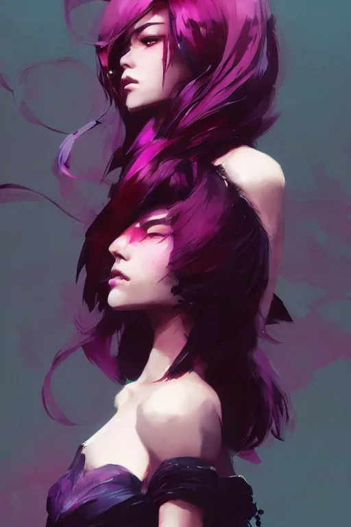 Image similar to A beautiful woman with professional makeup, with shoulder length mid-length magenta hair, volumetric lighting, dramatic atmosphere, subtle and detailed, by Dustin Nguyen, Akihiko Yoshida, Greg Tocchini, Greg Rutkowski, Cliff Chiang, 4k resolution, heavy contrast, trending on artstation