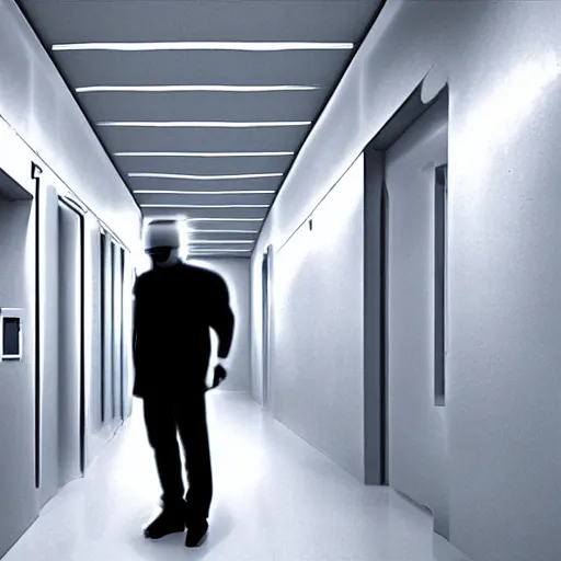 Prompt: richard moss photograph, infra red of a cyborg standing in a sci - fi corridor, 8 k render,