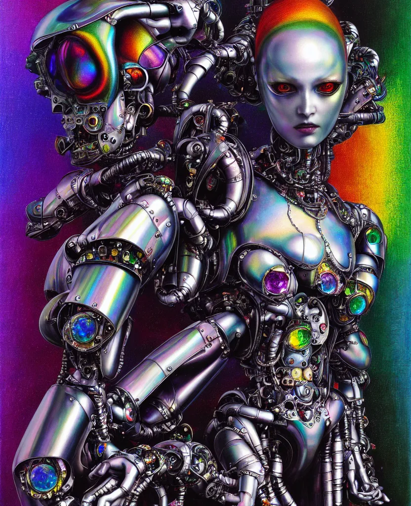 Image similar to realistic detailed image of ultra wrathful rainbow diamond iridescent mega chromed female robot, depth perception, depth of field, action horror by ayami kojima, neo - gothic, gothic, part by adrian ghenie and gerhard richter. art by hajime sorajama, masterpiece