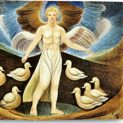 Image similar to biblical angel with ducks, by jean deville, by william blake, oil on canvas