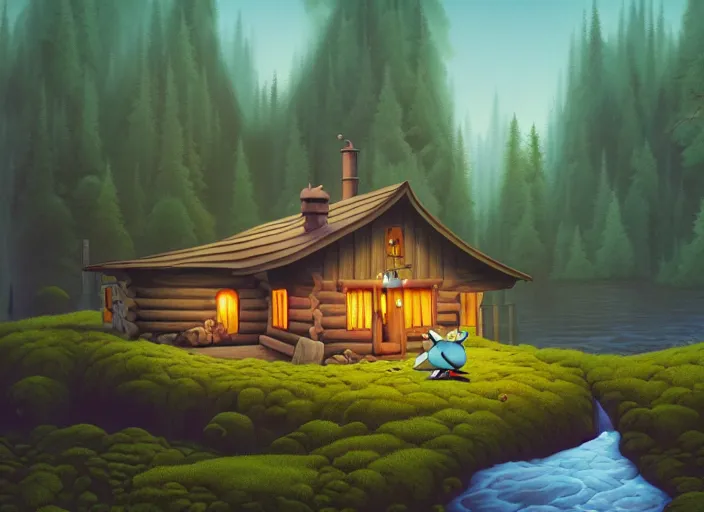 Image similar to matte sharp painting, a river running past a cozy cabin in the forest, juxtapoz, artforum, gary baseman, preston blair, tex avery, dan mumford, pedro correa