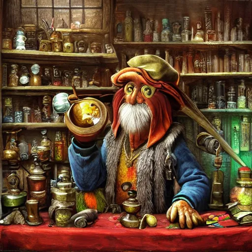 Prompt: Anthropomorphized parrot trader in his shop, presenting his wares, portrait, items, magic potions, carpet, window, fancy hat, sly expression , cunning expression, cute expression, presenting wares, D&D, fantasy, cinematic lighting, highly detailed, digital painting, artstation, concept art, smooth, sharp focus, illustration, warm light, cozy warm tint, magic the gathering artwork, volumetric lighting, 8k, art by Akihiko Yoshida, Greg Rutkowski