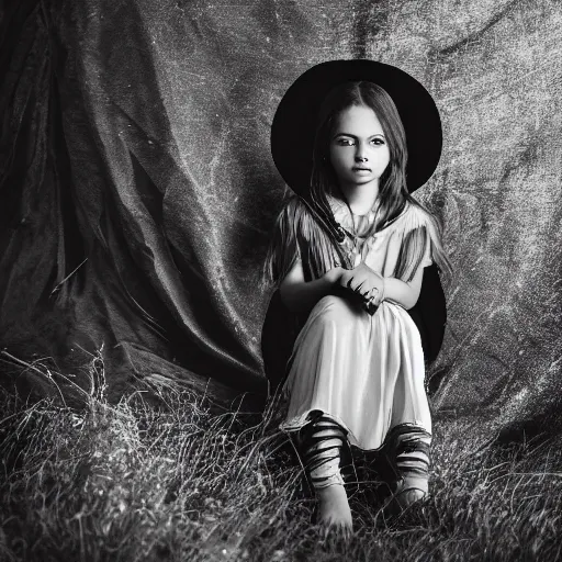 Prompt: stunning portrait photography of young beautiful witch princess from national geographic award winning, dramatic lighting, taken with canon 5d mk4, sigma art lens, monochrome