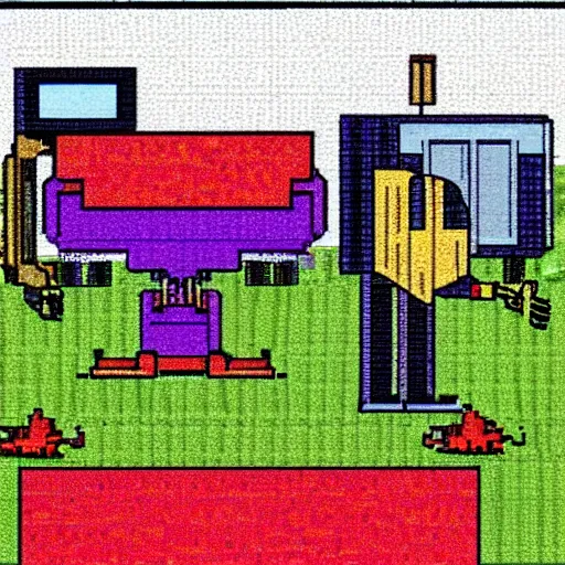 Image similar to pixel art from 1 9 8 0 s computer game depicting a robot mowing the lawn