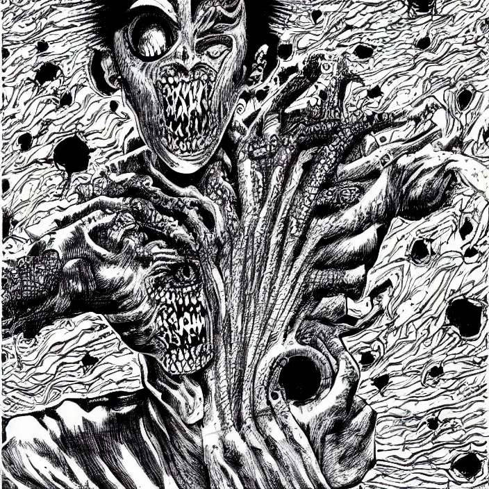 Image similar to Junji Ito manga artwork of a monstrous cyborg abomination