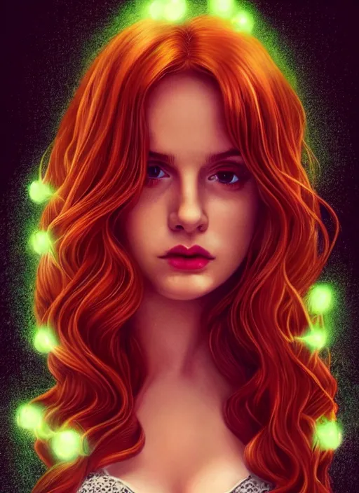 Image similar to full body portrait of teenage cheryl blossom, bangs, green eyes, mischievous expression, red hair, sultry smirk, bangs and wavy hair, 1 9 8 0 s, intricate, elegant, glowing lights, highly detailed, digital painting, artstation, concept art, smooth, sharp focus, illustration, art by wlop, mars ravelo and greg rutkowski