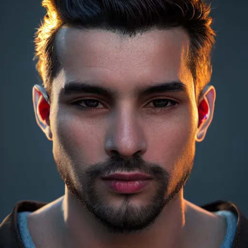 Image similar to portrait art of a very handsome Peruvian man with no facial hair, 8k ultra realistic, lens flare, atmosphere, glow, detailed,intricate, full of colour, cinematic lighting, trending on artstation, 4k, hyperrealistic, focused, extreme details,unreal engine 5, cinematic, masterpiece