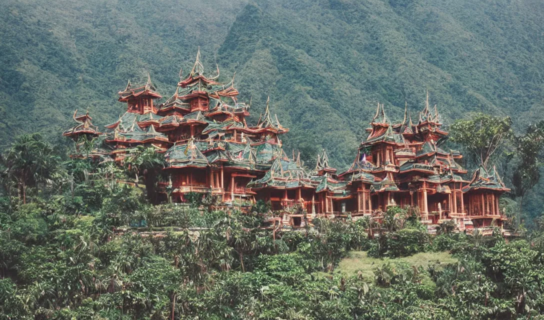 Prompt: Giant sprawling fantasy Filipino palace with lots of ornamentation in the mountains from a distance, photograph 35mm lens