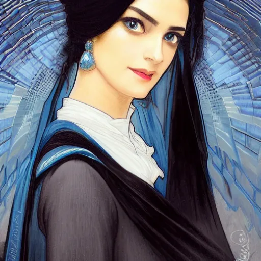 Prompt: modern Ameera al-Taweel, bright blue eyes, wavy black hair, white veil, highly detailed, digital painting, artstation, concept art, smooth, sharp focus, illustration, ArtStation, art by artgerm and greg rutkowski and alphonse mucha and J. C. Leyendecker and Edmund Blair Leighton and Katsuhiro Otomo and Geof Darrow and Phil hale and Ashley wood and Ilya repin and Charlie Bowater