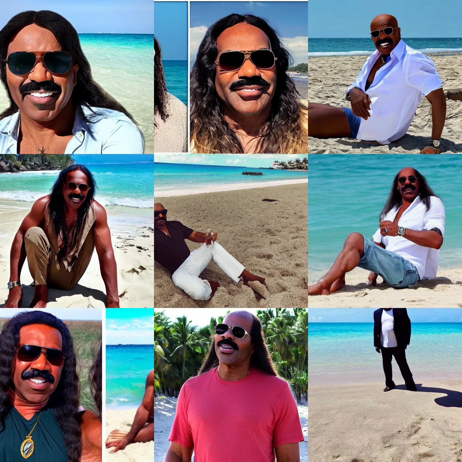 Prompt: Steve Harvey with long hair long hair long hair and sunglasses chilling on the beach