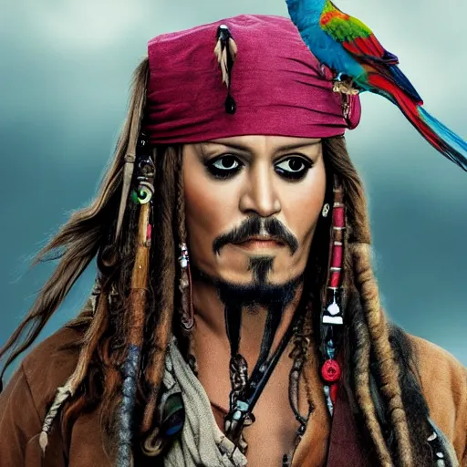 Image similar to jack sparrow with a parrot on the shoulder, portrait, professional photograph, 8k resolution, hyper detailed, realistic eyes