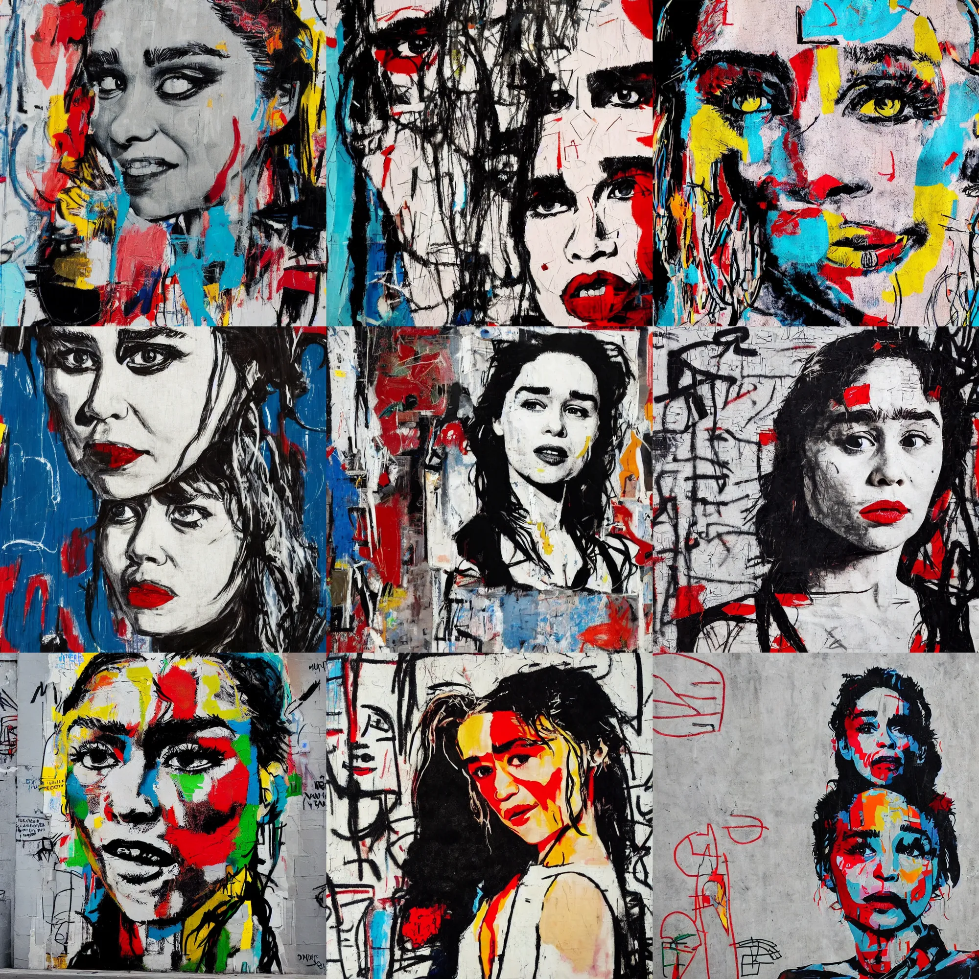 Prompt: Emilia Clarke, street art by Basquiat, photo realistic