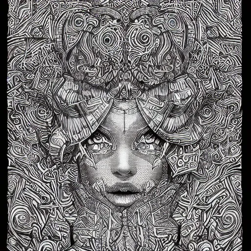 Image similar to Geometrically surreal, extremely high detail, photorealistic, intricate line drawings, dotart, album art in the style of James Jean