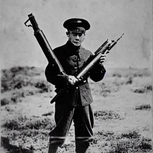 Prompt: old wartime photograph of shaggy holding a lewis gun, 1 9 1 7