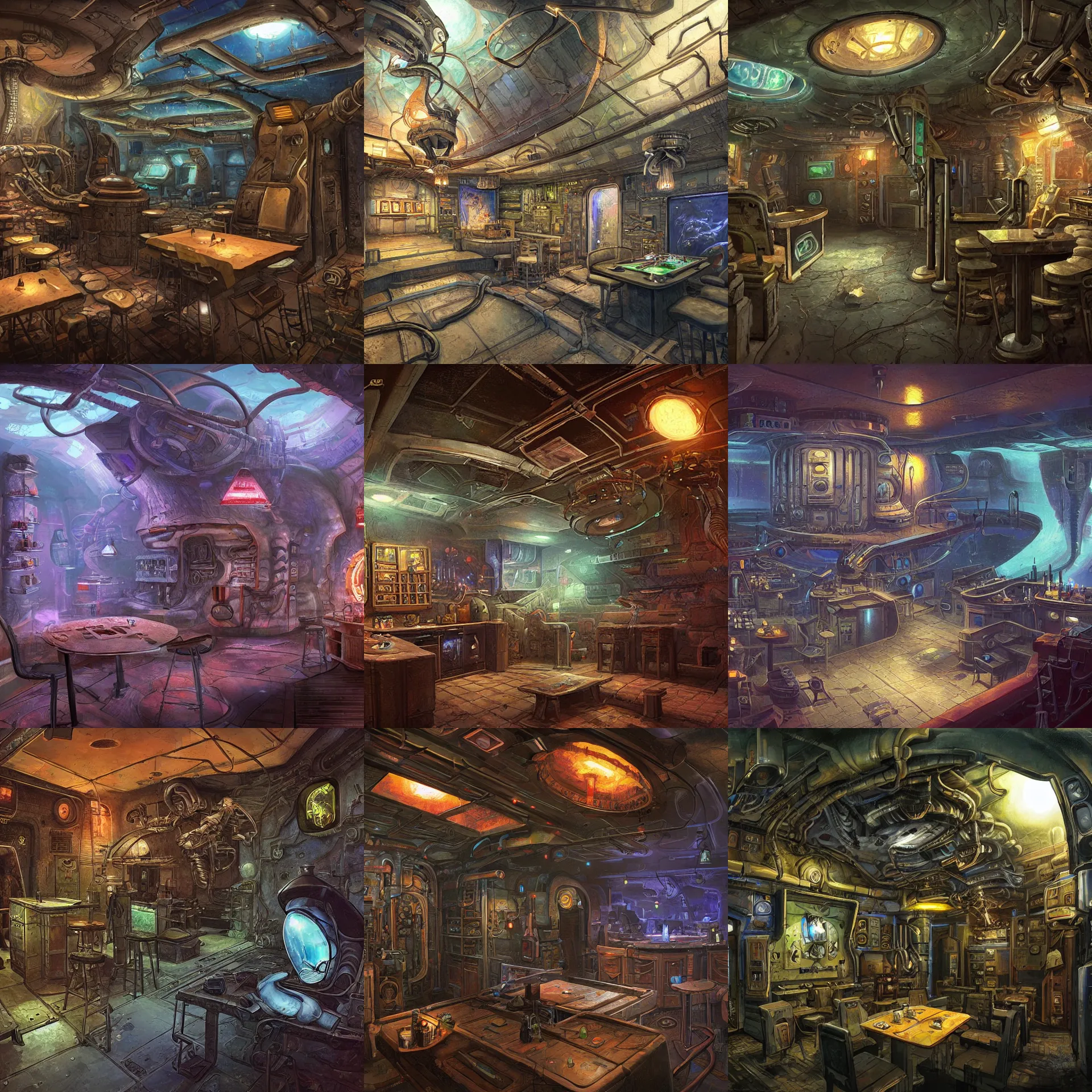Prompt: in a small bar in a remote outpost, on an alien planet, from a space themed point and click 2 d graphic adventure game, set design inspired by hg giger and tomb raider, art inspired by thomas kinkade