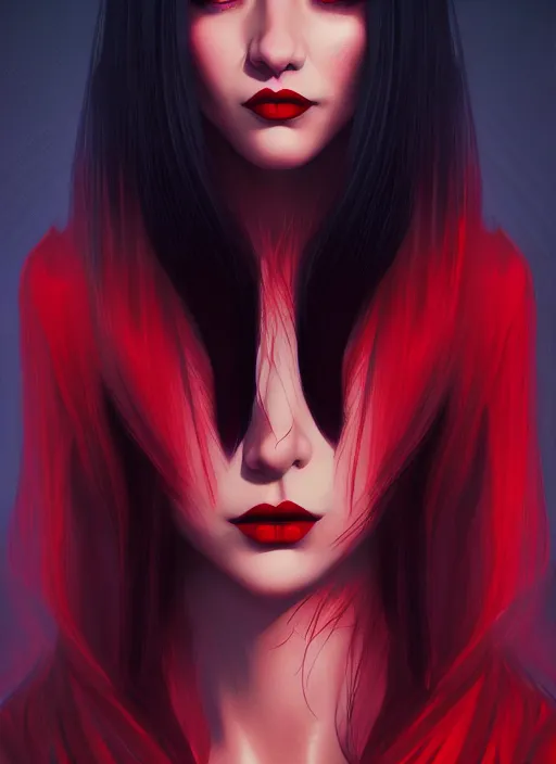 Image similar to portrait of vampire veronica lodge with bangs, vampire fangs, vampire, long hair, red clothes, bangs, vampironica, intricate, elegant, glowing lights, highly detailed, digital painting, artstation, concept art, smooth, sharp focus, illustration, art by wlop, mars ravelo and greg rutkowski