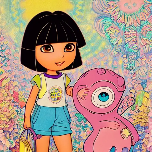 Prompt: dora the explorer as real girl in happy pose, detailed, intricate complex background, Pop Surrealism lowbrow art style, muted pastel colors, soft lighting, by Yosuke Ueno and Mucha,Contemporary Art Blog Magazine Alt Pop Surrealism Lowbrow Photography Sculpture Illustration Painting Surreal Fashion, artstation cgsociety