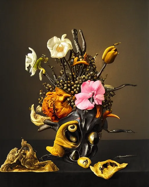 Image similar to refined gorgeous blended oil painting with black background by christian rex van minnen rachel ruysch dali todd schorr of a chiaroscuro portrait of an extremely bizarre disturbing mutated man made of still life flowers and rubber insects with shiny skin acne dutch golden age vanitas intense chiaroscuro cast shadows obscuring features dramatic lighting perfect symmetry perfect composition masterpiece