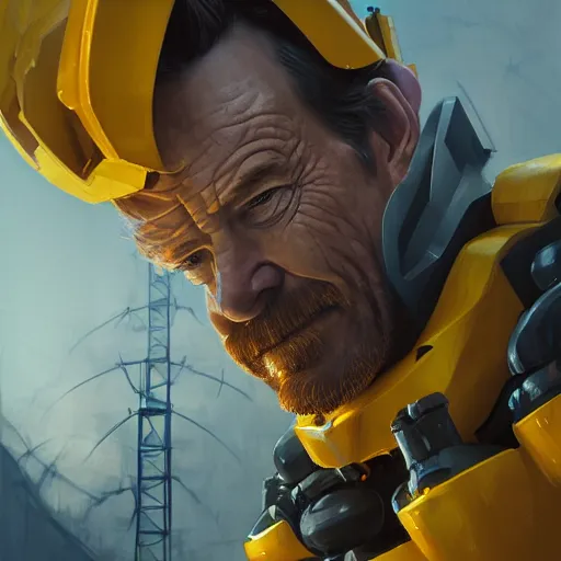 Image similar to closeup portrait of mecha bryan cranston with construction crane arms, yellow hardhat, fantasy, d & d, heartstone, digital painting, volumetric light, intricate, sharp, focus, bloom, illustration, highly detailed, concept art, matte, ruan jia, randy vargas, greg rutkowski