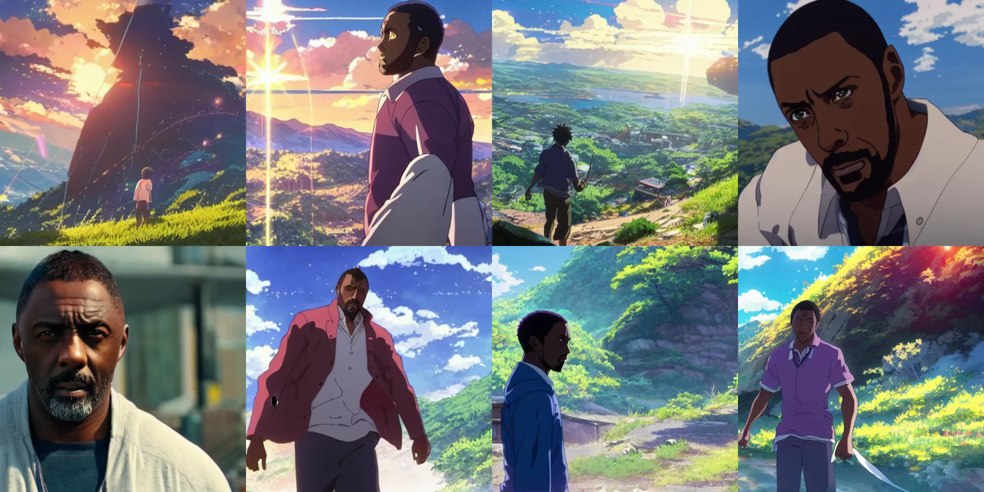 Prompt: idris elba in a still from the anime your name ( 2 0 1 6 ) directed by makoto shinkai