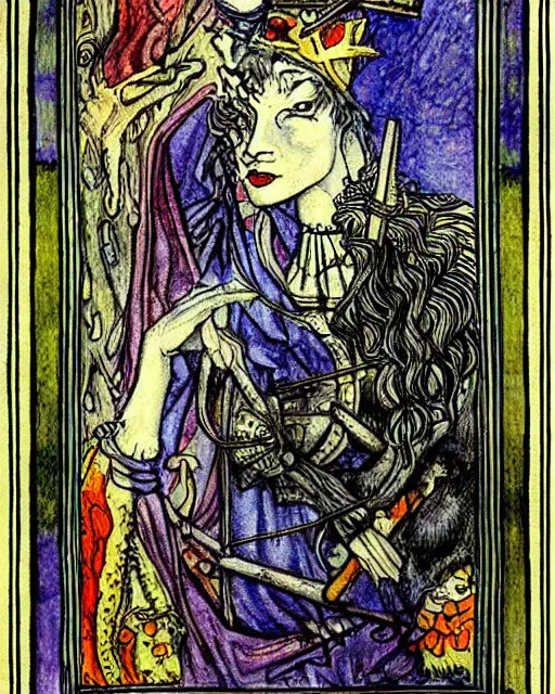 Prompt: tarot card, very detailed painting, illustration, colorful, tarot card ornate frame with roman numerals, in style of Arthur Rackham