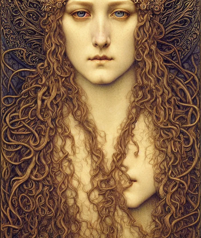 Image similar to detailed realistic beautiful young medieval queen face portrait by jean delville, gustave dore and marco mazzoni, art nouveau, symbolist, visionary, gothic, pre - raphaelite. horizontal symmetry