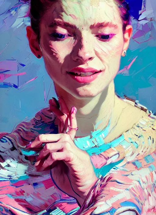 Image similar to portrait of a beautiful girl, smiling, ecstatic, dancing, eyes closed, open mouth, shades of pink and blue, beautiful face, rule of thirds, intricate outfit, spotlight, by greg rutkowski, by jeremy mann, by francoise nielly, by van gogh, digital painting