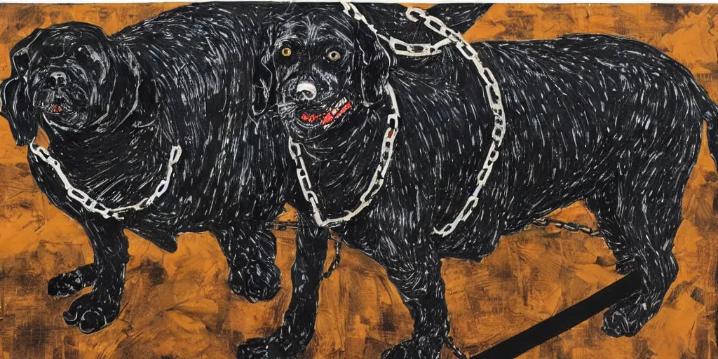 Image similar to mad dog on a chain and gangster around, black paper, collage, acrylic on canvas, expressionism movement, breathtaking detailed, by mike mcquade