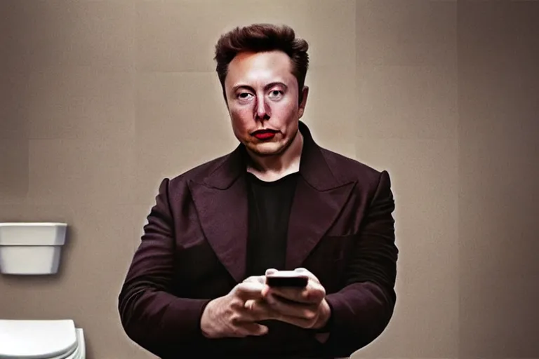 Image similar to hyperrealism aesthetic ridley scott and denis villeneuve style photography of a detailed hyperrealism elon musk, siting on a detailed hyperrealism toilet and scrolling his detailed smartphone in hyperrealism scene from detailed art house movie in style of alejandro jodorowsky and wes anderson