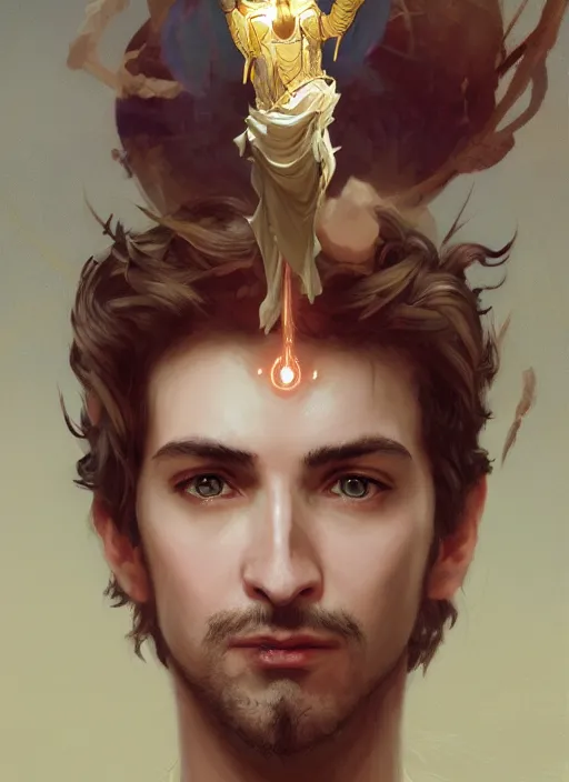 Image similar to character concept portrait of an attractive young clever Spanish wizard with pale golden skin enchanting an explosion curse, a floating iridescent spell book in the center, intricate, elegant, digital painting, concept art, smooth, sharp focus, illustration, from Metal Gear, by Ruan Jia and Mandy Jurgens and William-Adolphe Bouguereau, Artgerm