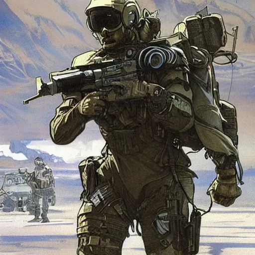 Image similar to Hector. USN special forces recon operator in near future gear, cybernetic enhancement, on patrol in the Australian neutral zone, deserted city landscape. 2087. Concept art by James Gurney and Alphonso Mucha