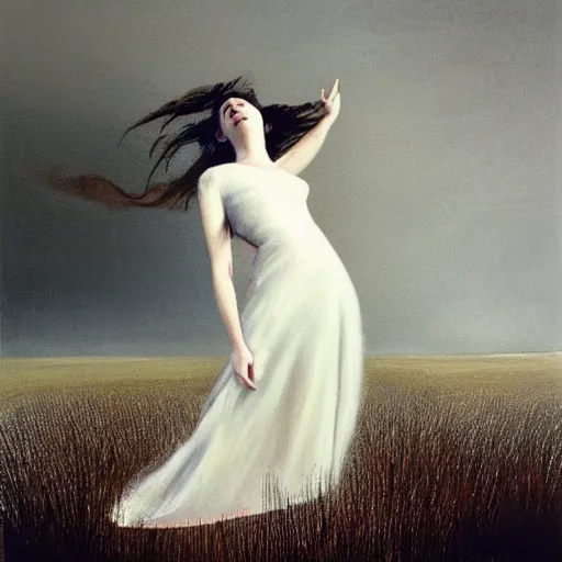 Prompt: The painting depicts a woman standing in a field of ashes, her dress billowing in the wind. Her hair is wild and her eyes are closed, and she seems to be in a trance-like state. The painting is dark and atmospheric, and the ashes in the field seem to be almost alive, swirling around. high-key lighting by Ken Kelly
