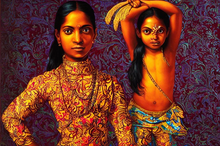 Prompt: a happy sri lankan girl pirate with iridescent skin by kehinde wiley