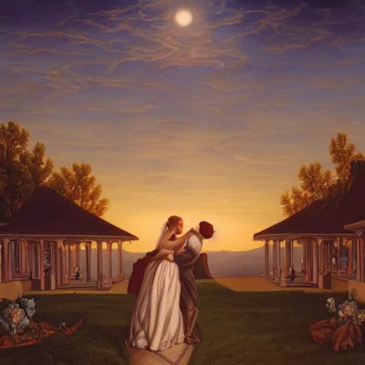 Prompt: Wedding at Dusk, art by Evelyn De Morgan