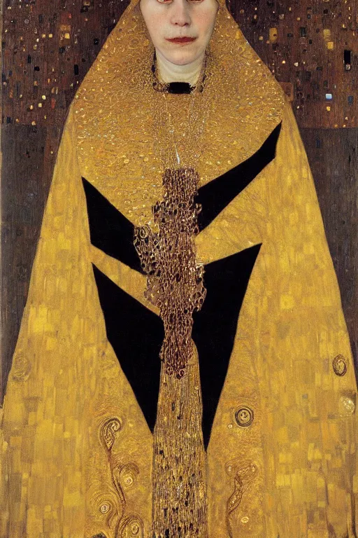 Prompt: portrait, vampire nun, opulent gold embroidered habit, art by klimt and jacek malczewski