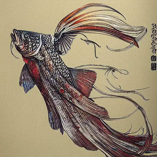 Image similar to carp falling from the sky, yoshitaka amano